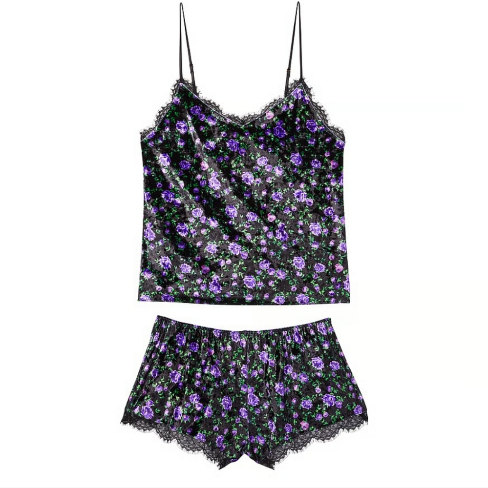 NWT Victoria's Secret Elegant Black Velvet Floral Lace Coord Set Pajamas M
